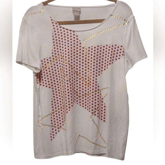 Chico's - NWT, White Blouse W/ Red & Gold Stars, Short Sleeves, Scoop Neck, - Picture 2 of 10